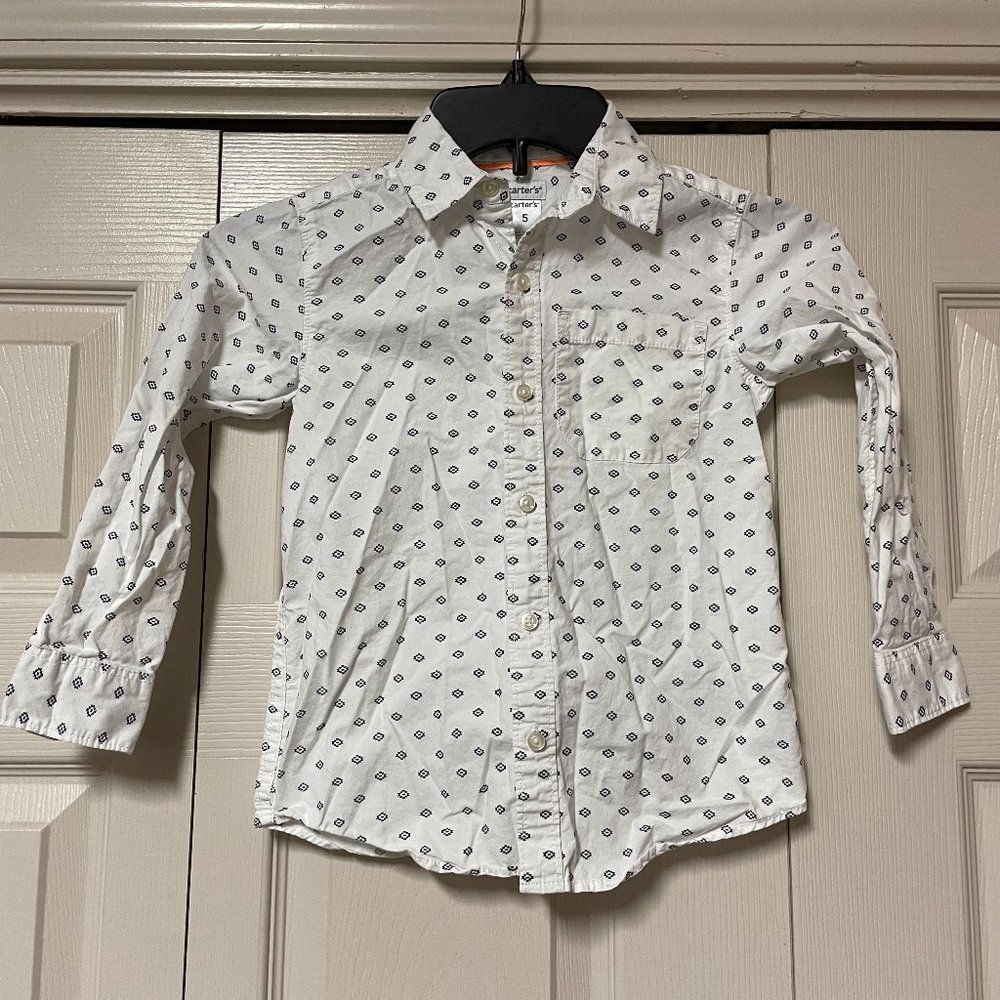 Carters Size 5 Boys Button Up Long Sleeve Dress Shirt White Navy Pocket EUC
